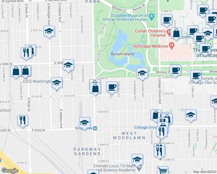 map of restaurants, bars, coffee shops, grocery stores, and more near 6006 South Eberhart Avenue in Chicago