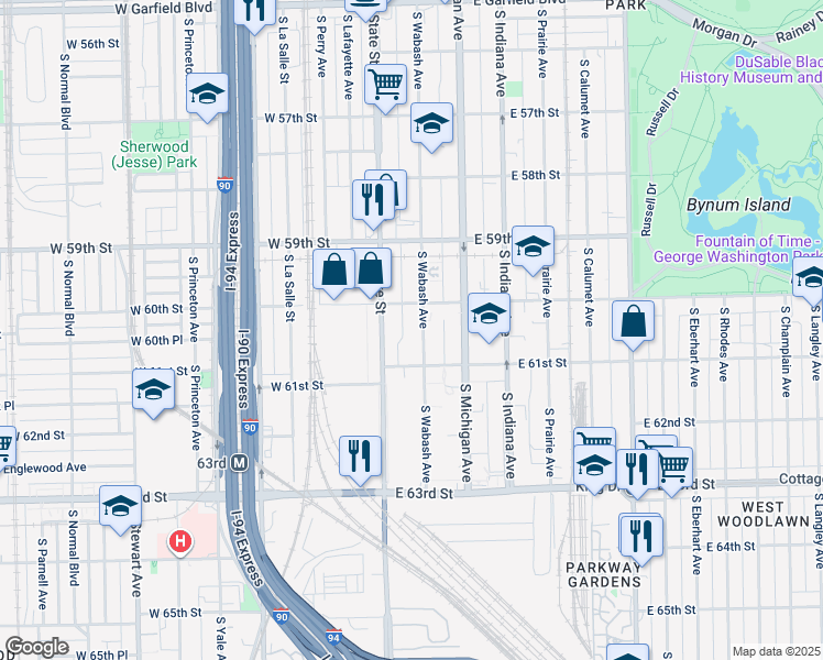 map of restaurants, bars, coffee shops, grocery stores, and more near 6000 South Wabash Avenue in Chicago