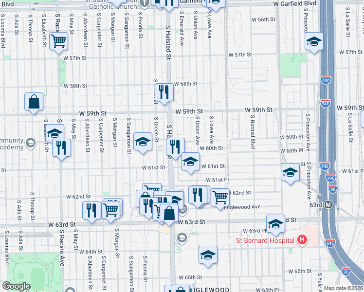 map of restaurants, bars, coffee shops, grocery stores, and more near 5949 South Emerald Avenue in Chicago