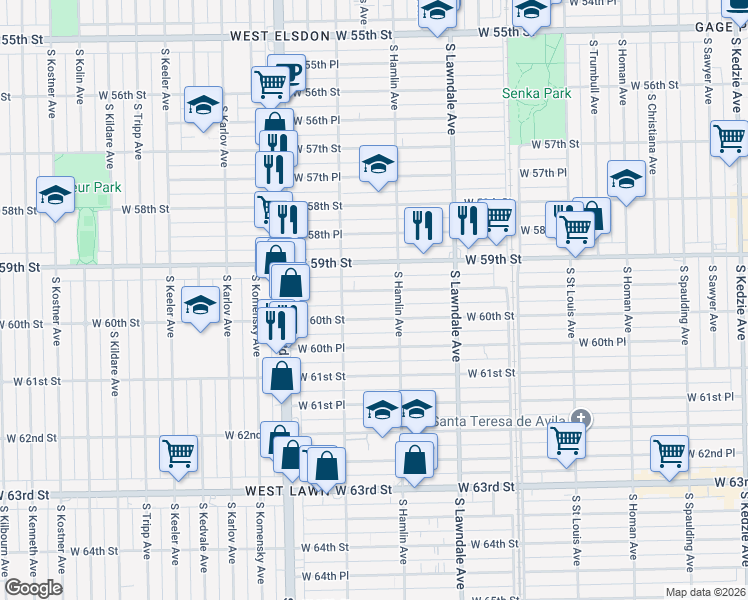 map of restaurants, bars, coffee shops, grocery stores, and more near 3808 West 59th Place in Chicago