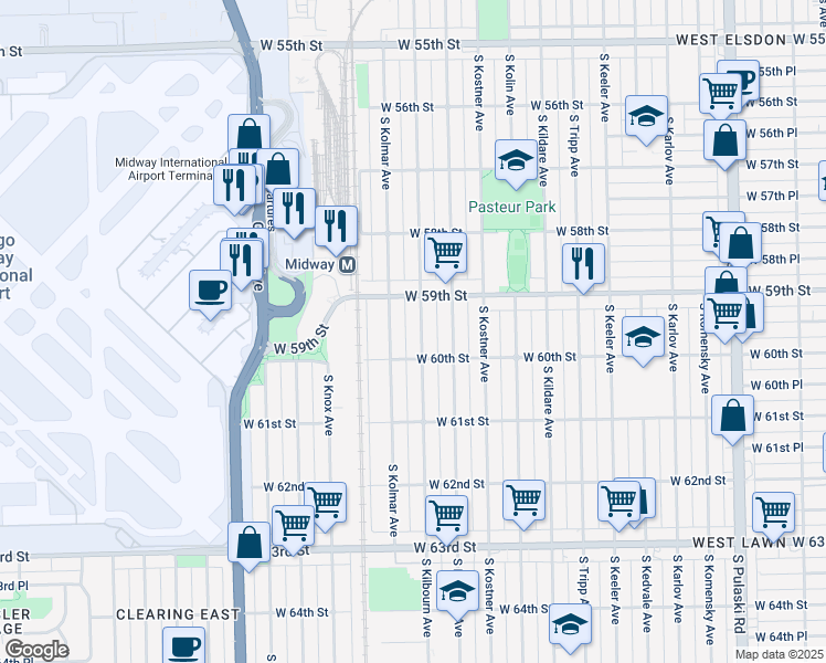 map of restaurants, bars, coffee shops, grocery stores, and more near 5907 South Kilbourn Avenue in Chicago