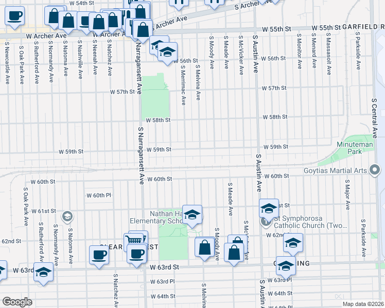 map of restaurants, bars, coffee shops, grocery stores, and more near 5844 South Melvina Avenue in Chicago