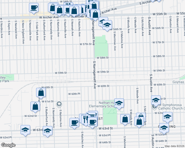 map of restaurants, bars, coffee shops, grocery stores, and more near 5845 South Narragansett Avenue in Chicago
