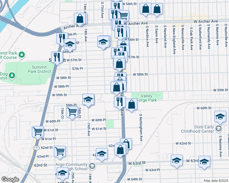 map of restaurants, bars, coffee shops, grocery stores, and more near 7228 West 58th Place in Summit