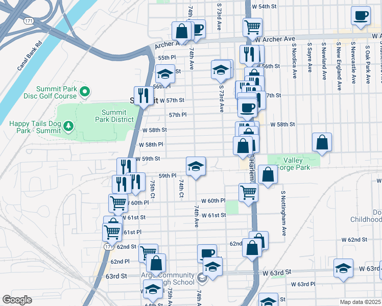 map of restaurants, bars, coffee shops, grocery stores, and more near 7418 West 58th Place in Summit