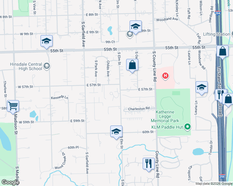 map of restaurants, bars, coffee shops, grocery stores, and more near 300 Claymoor in Hinsdale