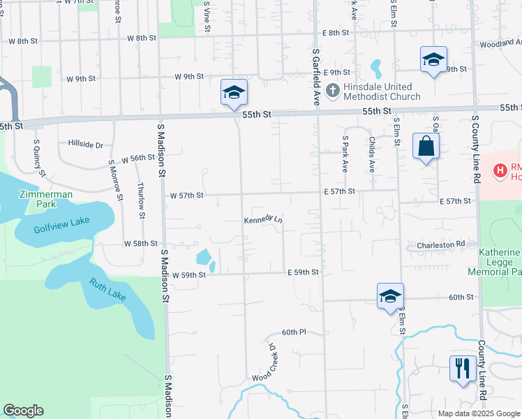 map of restaurants, bars, coffee shops, grocery stores, and more near 22 West 57th Street in Hinsdale