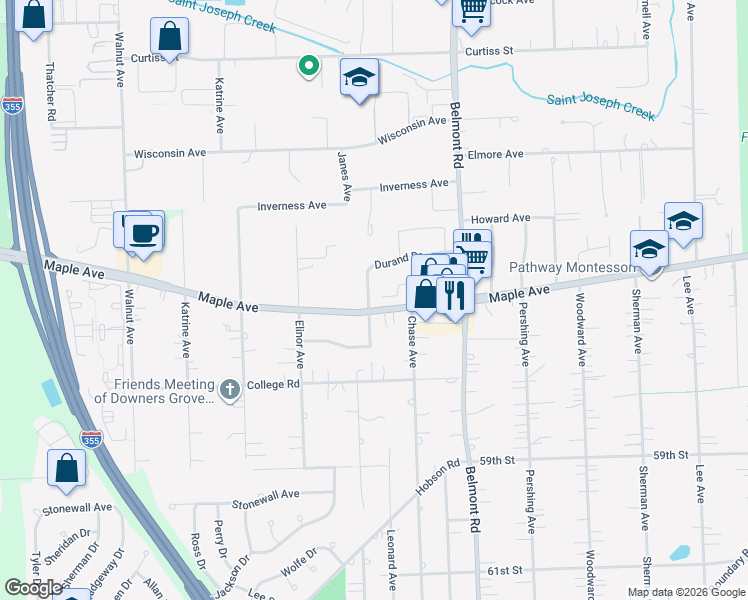 map of restaurants, bars, coffee shops, grocery stores, and more near 2321 Durand Drive in Downers Grove