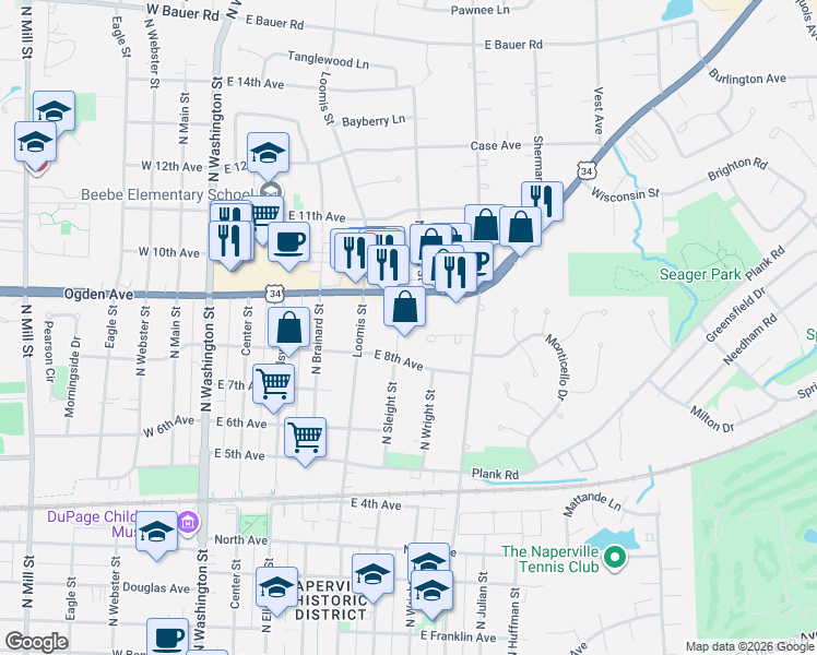 map of restaurants, bars, coffee shops, grocery stores, and more near 450 East Ogden Avenue in Naperville