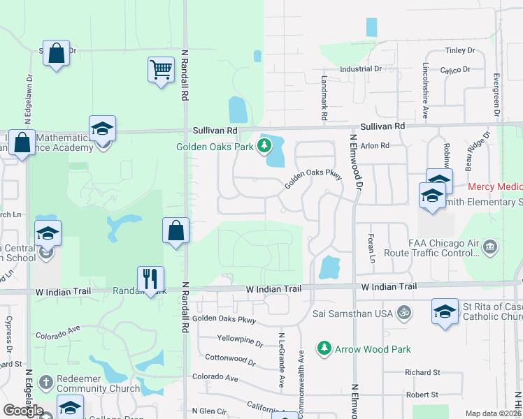 map of restaurants, bars, coffee shops, grocery stores, and more near 1485 Golden Oaks Parkway in Aurora