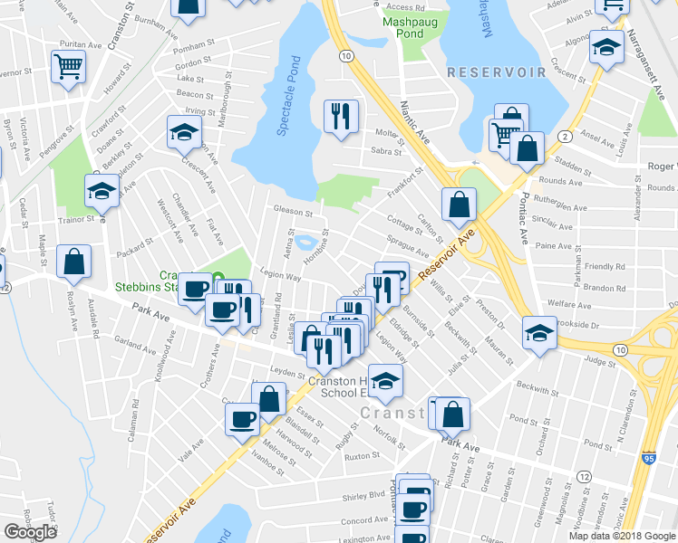 map of restaurants, bars, coffee shops, grocery stores, and more near 214 Eldridge Street in Cranston