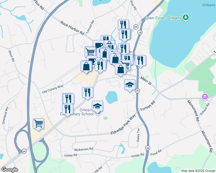 map of restaurants, bars, coffee shops, grocery stores, and more near 22 Center Place in Orleans