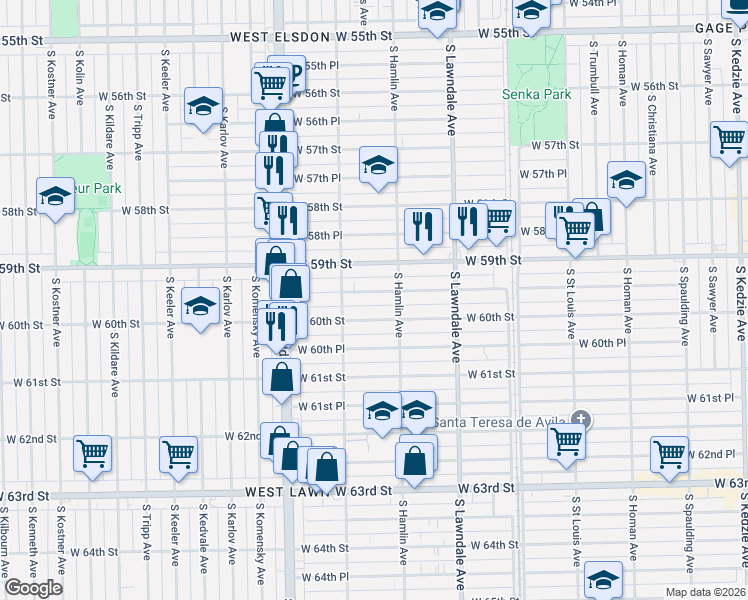 map of restaurants, bars, coffee shops, grocery stores, and more near 3808 West 59th Place in Chicago