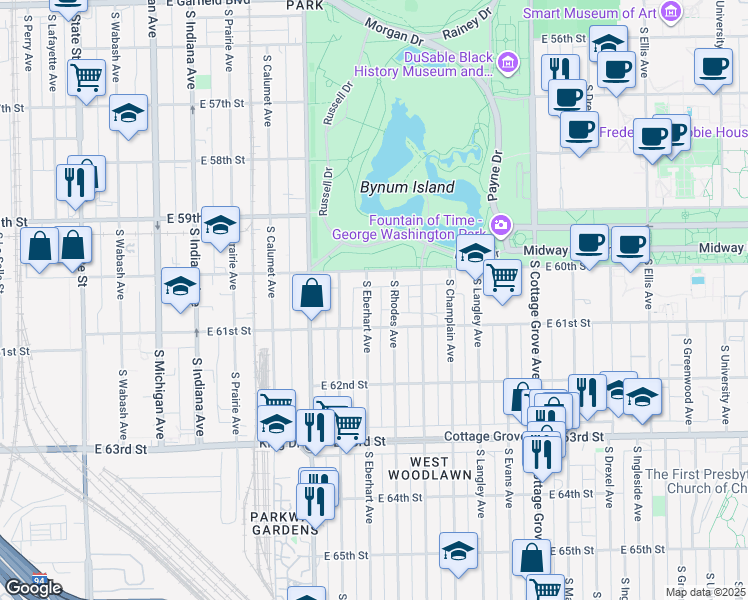 map of restaurants, bars, coffee shops, grocery stores, and more near 6006 South Eberhart Avenue in Chicago