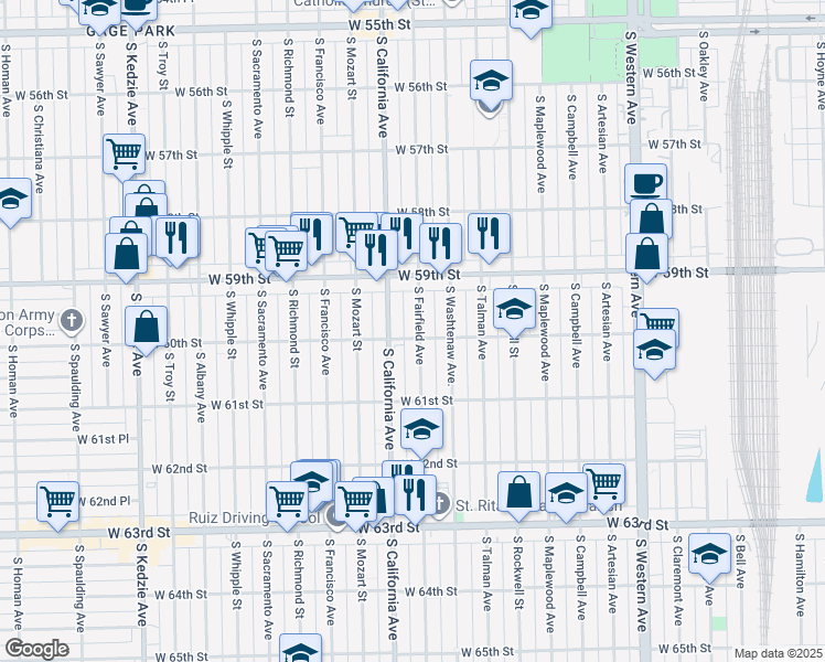 map of restaurants, bars, coffee shops, grocery stores, and more near 5954 South Fairfield Avenue in Chicago