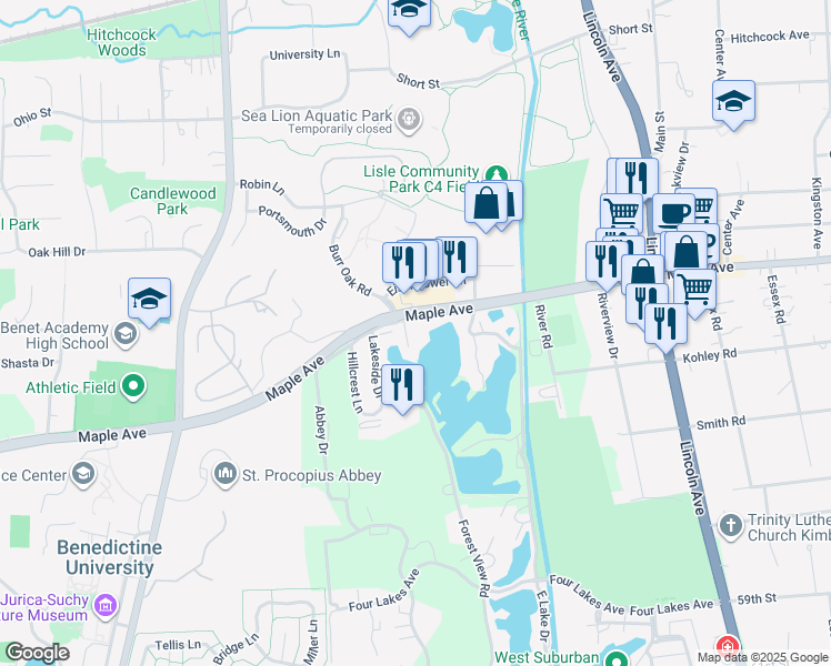 map of restaurants, bars, coffee shops, grocery stores, and more near 1609 Maple Terrace in Lisle