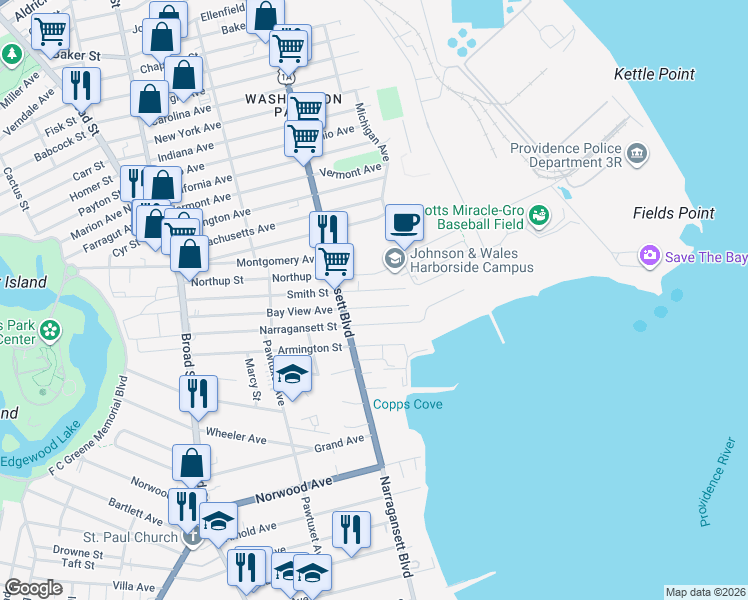 map of restaurants, bars, coffee shops, grocery stores, and more near 111 Smith Street in Cranston