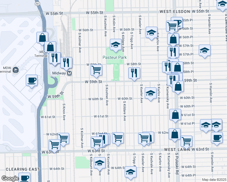 map of restaurants, bars, coffee shops, grocery stores, and more near 4343 West 59th Street in Chicago