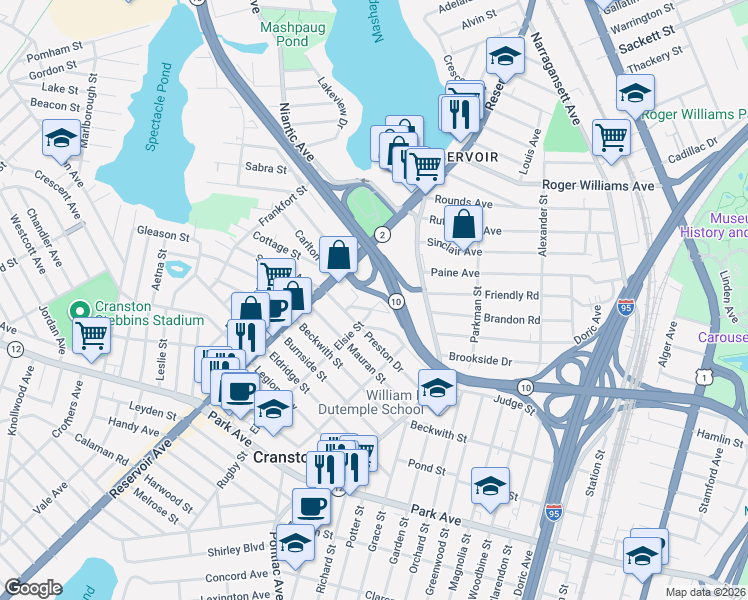 map of restaurants, bars, coffee shops, grocery stores, and more near 71 Elsie Street in Cranston