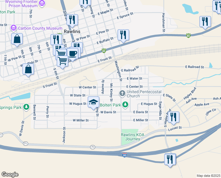 map of restaurants, bars, coffee shops, grocery stores, and more near 213 West Center Street in Rawlins