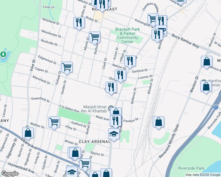 map of restaurants, bars, coffee shops, grocery stores, and more near 43 Elmer Street in Hartford