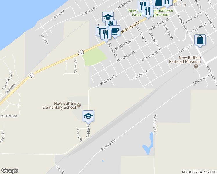 map of restaurants, bars, coffee shops, grocery stores, and more near 315 South Clinton Street in New Buffalo