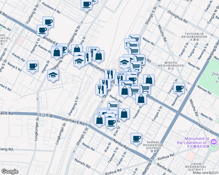 map of restaurants, bars, coffee shops, grocery stores, and more near in Shenyang Shi