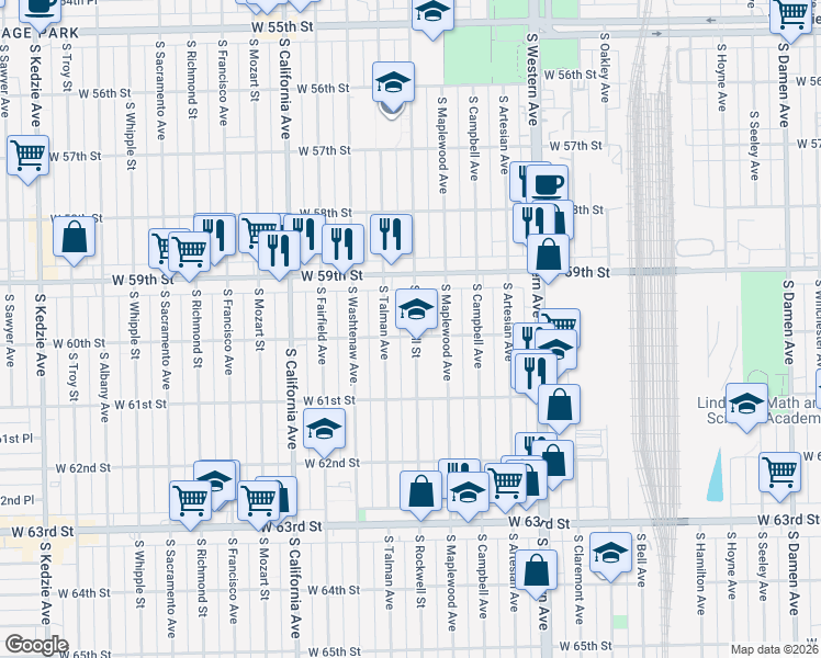 map of restaurants, bars, coffee shops, grocery stores, and more near 5954 South Rockwell Street in Chicago