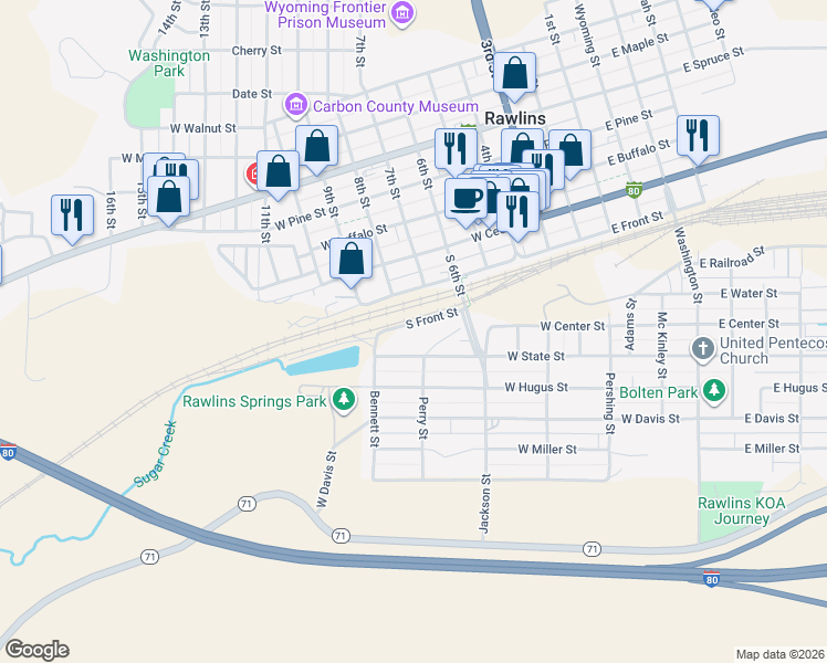 map of restaurants, bars, coffee shops, grocery stores, and more near 627-787 S Front St in Rawlins