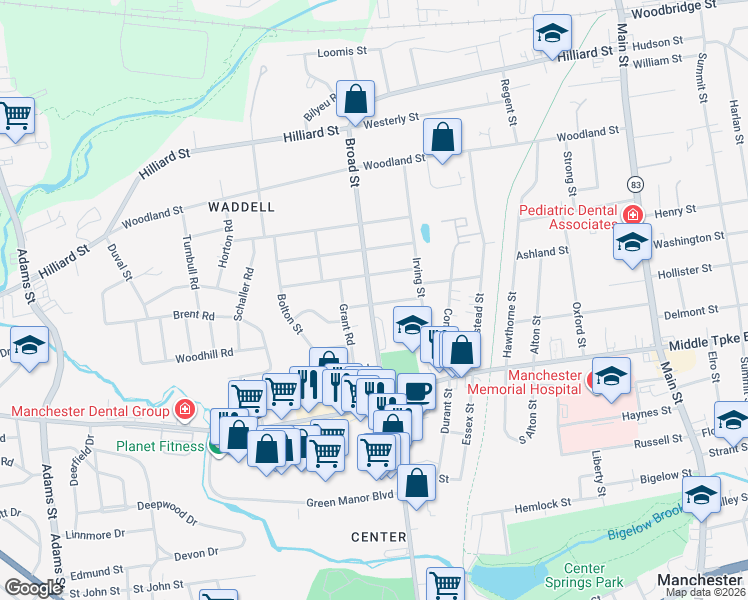 map of restaurants, bars, coffee shops, grocery stores, and more near 42 Columbus Street in Manchester
