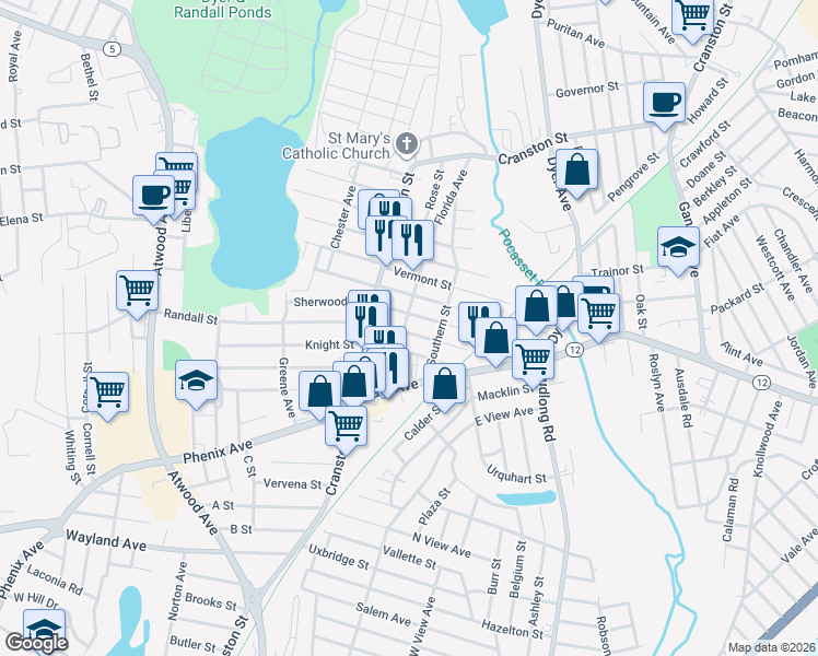 map of restaurants, bars, coffee shops, grocery stores, and more near 25 Rhode Island Street in Cranston