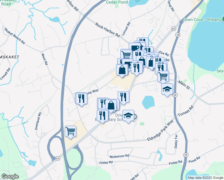 map of restaurants, bars, coffee shops, grocery stores, and more near 42 Old Colony Way in Orleans