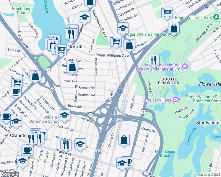 map of restaurants, bars, coffee shops, grocery stores, and more near 156 Paine Avenue in Cranston