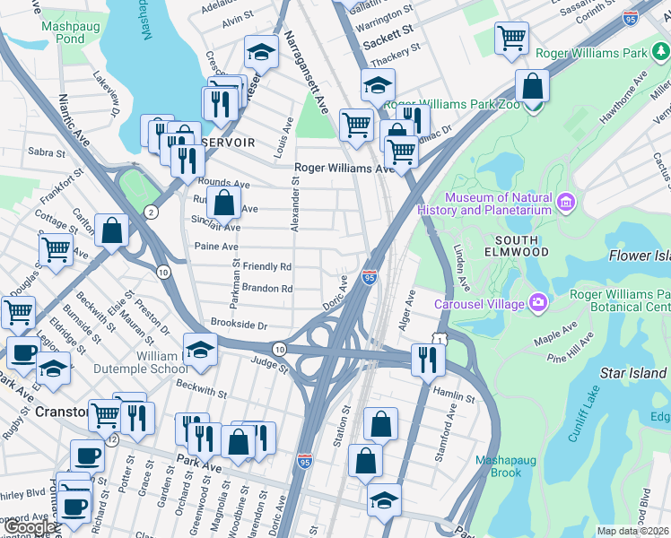 map of restaurants, bars, coffee shops, grocery stores, and more near 156 Paine Avenue in Cranston
