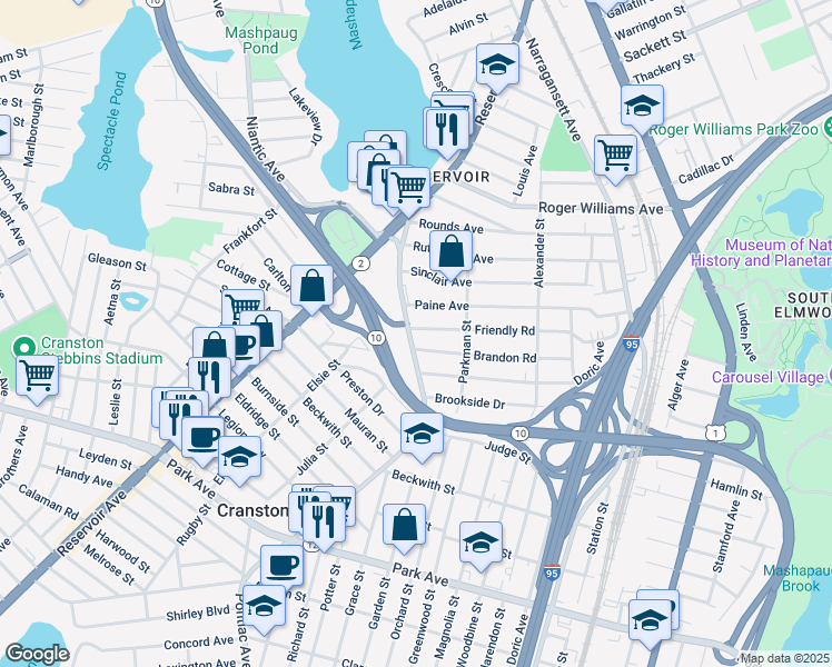 map of restaurants, bars, coffee shops, grocery stores, and more near 95 Pontiac Avenue in Cranston