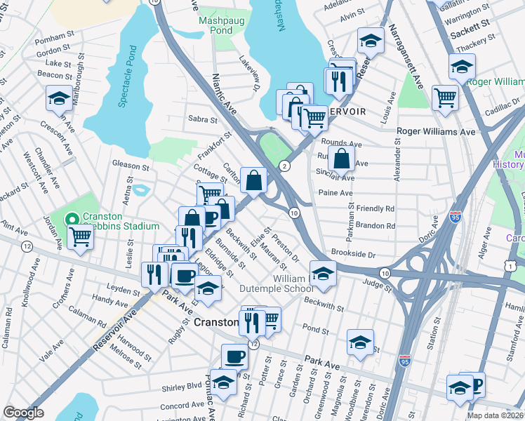 map of restaurants, bars, coffee shops, grocery stores, and more near 460 Reservoir Avenue in Cranston