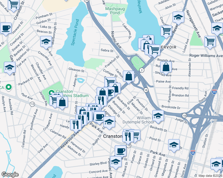 map of restaurants, bars, coffee shops, grocery stores, and more near 38 Sprague Avenue in Cranston