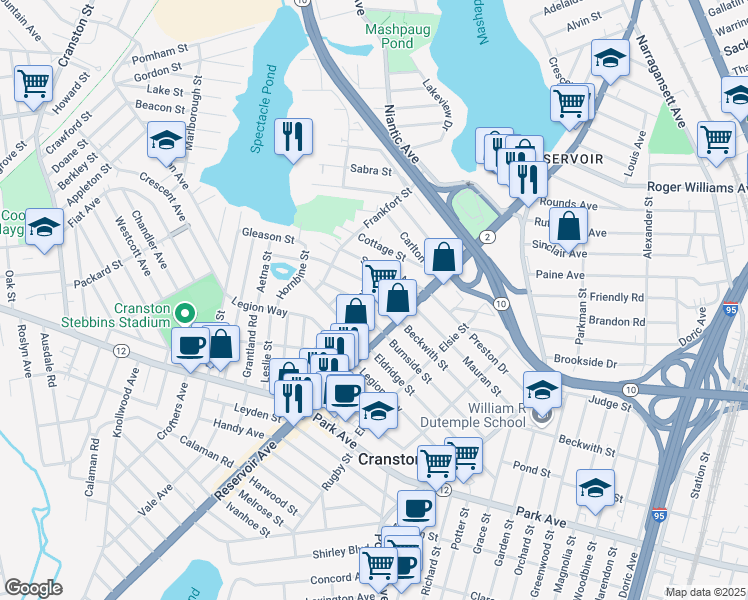 map of restaurants, bars, coffee shops, grocery stores, and more near 38 Sprague Avenue in Cranston