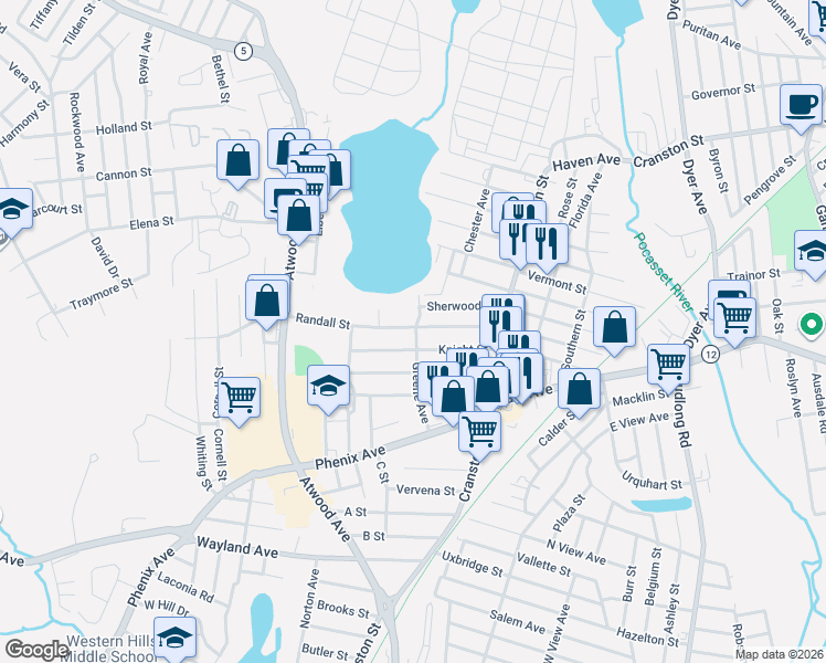map of restaurants, bars, coffee shops, grocery stores, and more near 90 Sherwood Street in Cranston