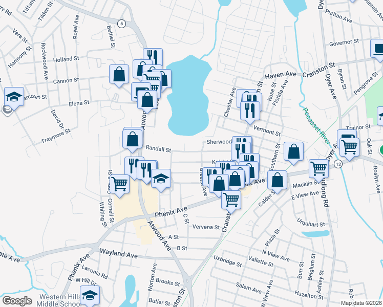 map of restaurants, bars, coffee shops, grocery stores, and more near 5 Plant Street in Cranston