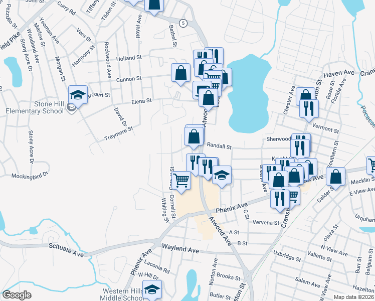 map of restaurants, bars, coffee shops, grocery stores, and more near 191 Randall Street in Cranston