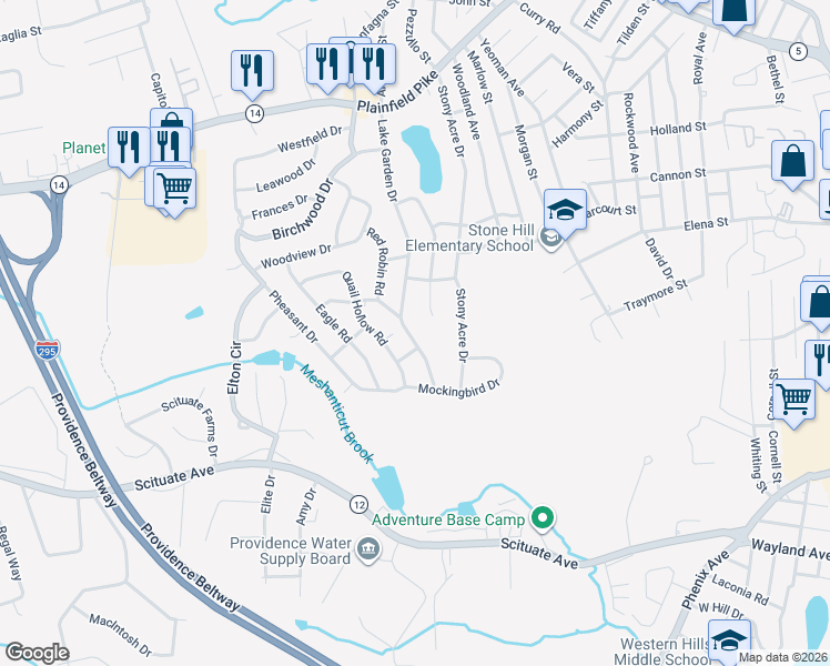 map of restaurants, bars, coffee shops, grocery stores, and more near 114 Stone Drive in Cranston