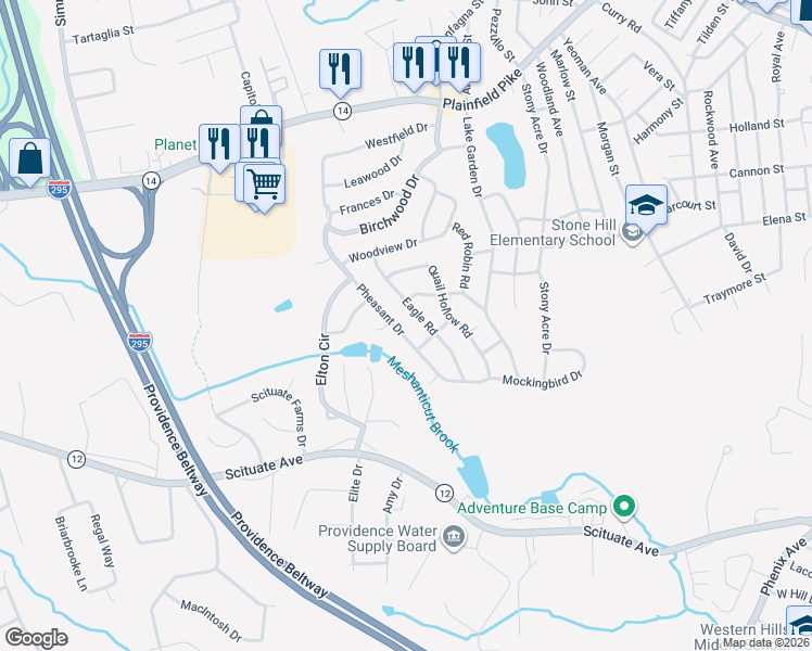 map of restaurants, bars, coffee shops, grocery stores, and more near 49 Eagle Road in Cranston