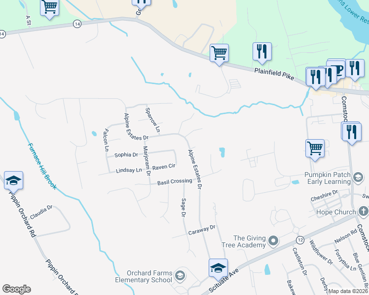 map of restaurants, bars, coffee shops, grocery stores, and more near 152 Alpine Estates Drive in Cranston