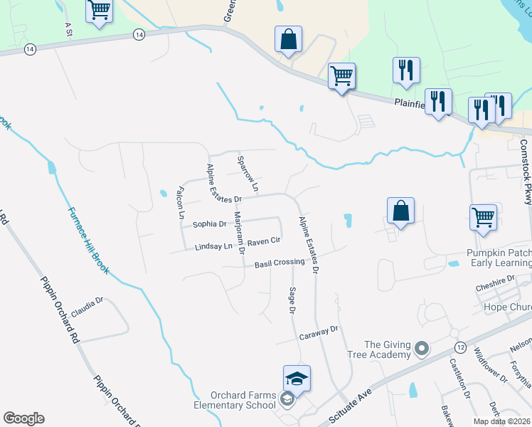map of restaurants, bars, coffee shops, grocery stores, and more near 176 Alpine Estates Drive in Cranston