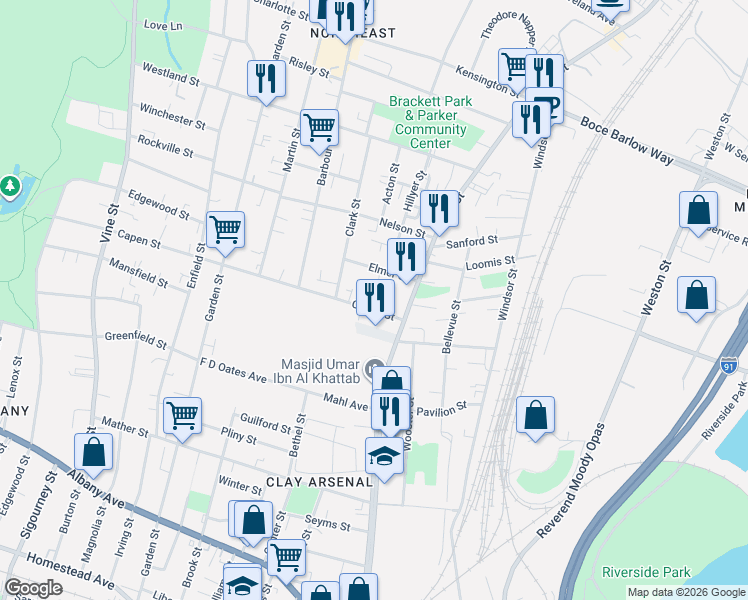 map of restaurants, bars, coffee shops, grocery stores, and more near 43 Elmer Street in Hartford