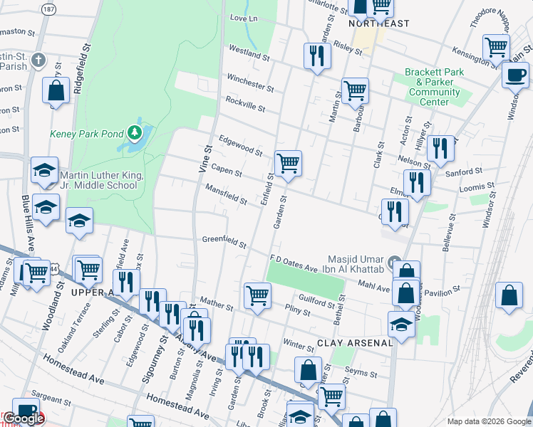map of restaurants, bars, coffee shops, grocery stores, and more near 150 Enfield Street in Hartford