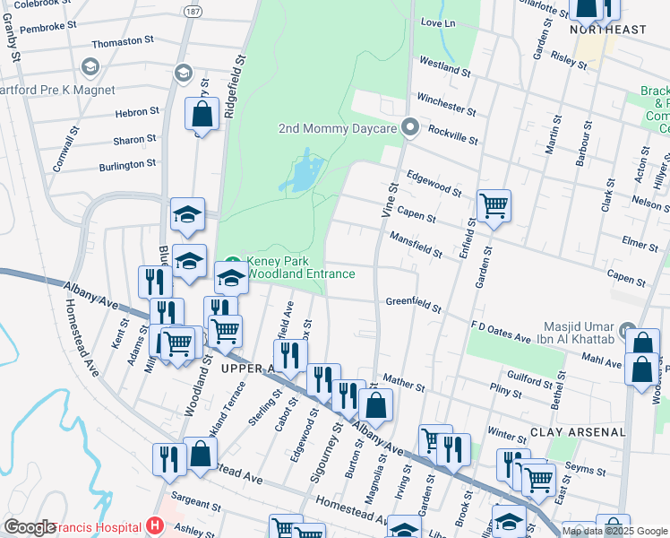 map of restaurants, bars, coffee shops, grocery stores, and more near 36 West Raymond Street in Hartford