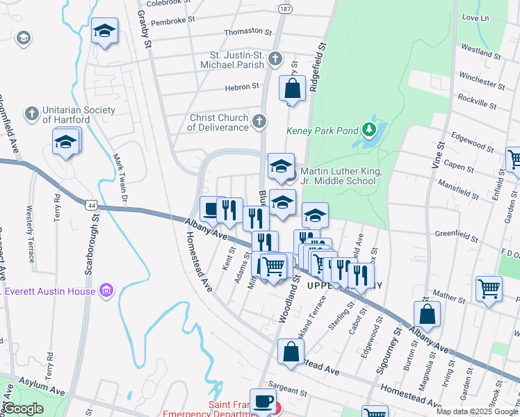 map of restaurants, bars, coffee shops, grocery stores, and more near 73 Blue Hills Avenue in Hartford