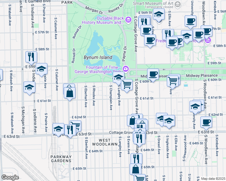 map of restaurants, bars, coffee shops, grocery stores, and more near 6002 South Langley Avenue in Chicago